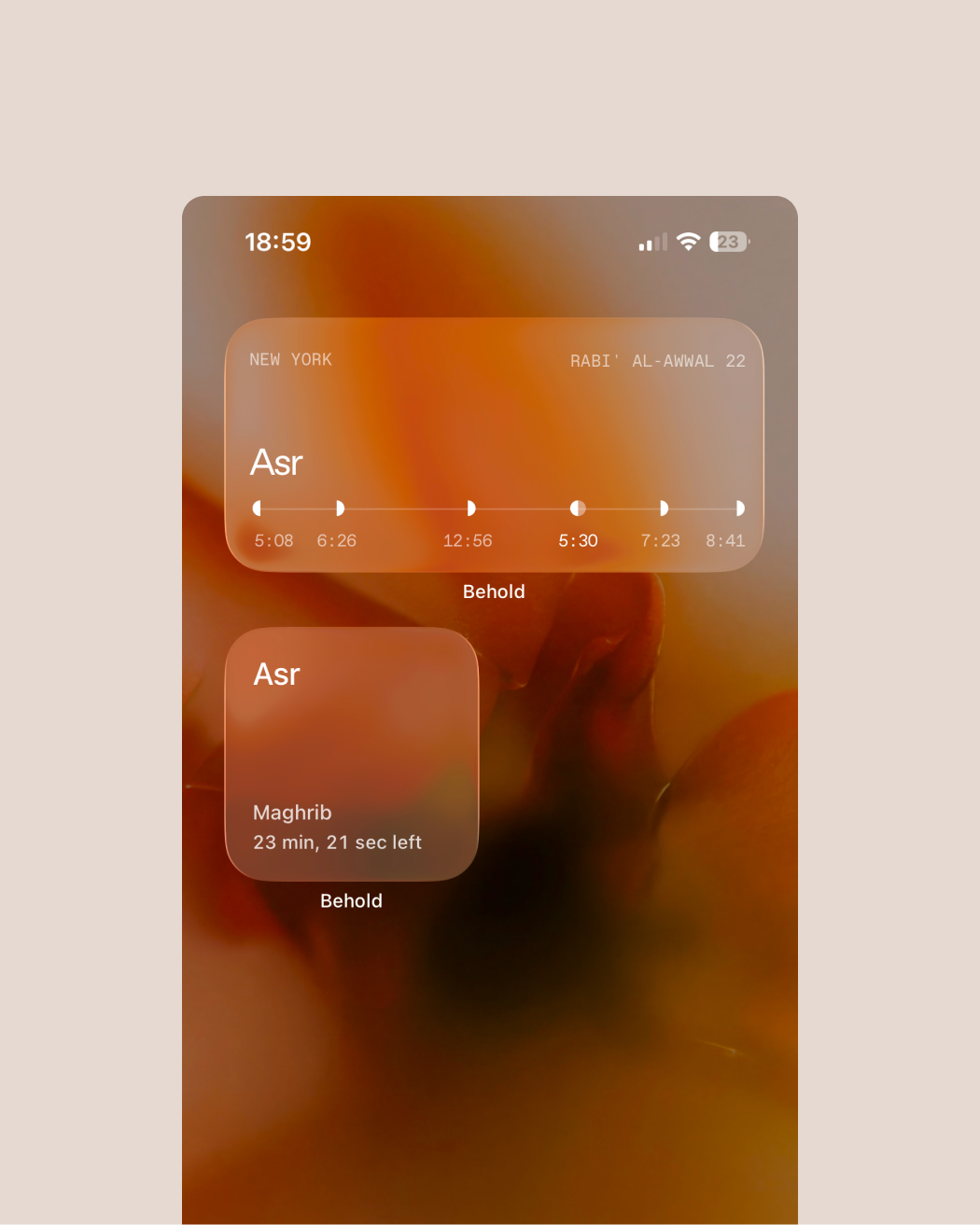 Behold iOS prayer widgets showing Asr and Maghrib